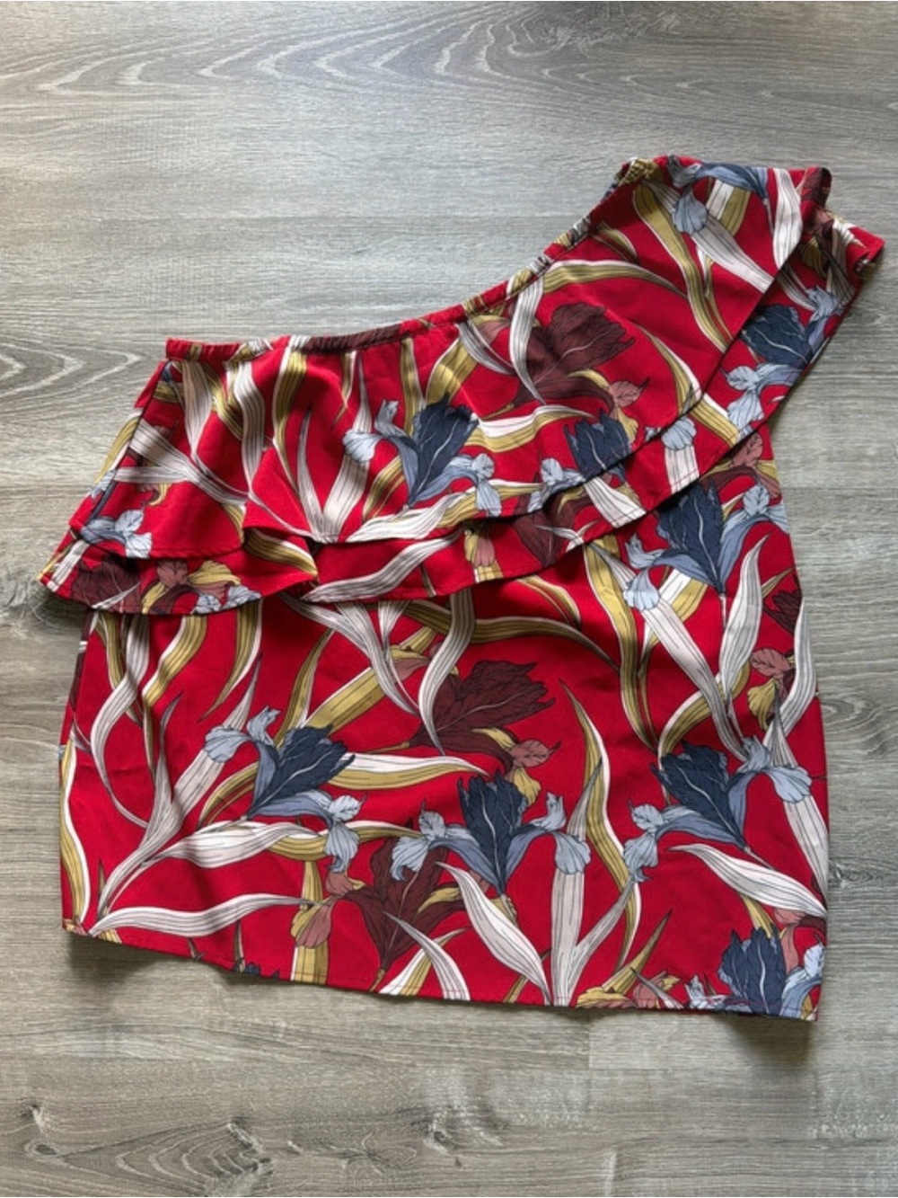 Red Floral One-Shoulder Ruffle Shirt